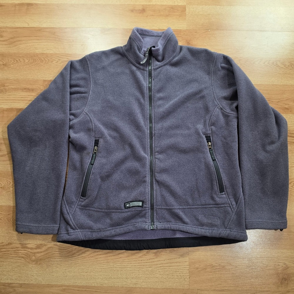REI Fleece Jacket Mens Large Purple Gray Full Zip Mock Neck Hiking Outdoor Coat